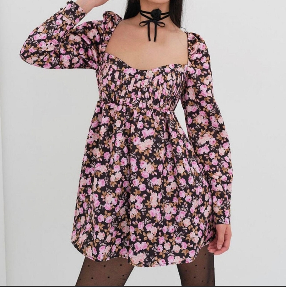 For Love And Lemons Pink and White Babydoll Dress with Bishop Sleeves